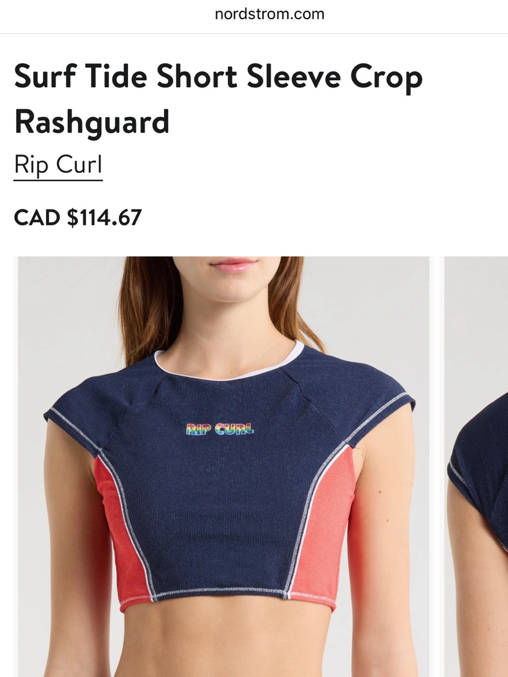 Rip Curl Surf Tide Short Sleeve Crop Rashguard - Navy & Coral NWT